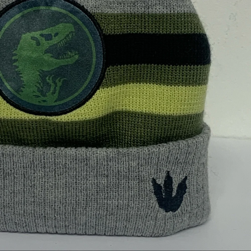 Jurassic World Kids Gray/Green Striped Hat with Pom Pom | One Size Fits Most